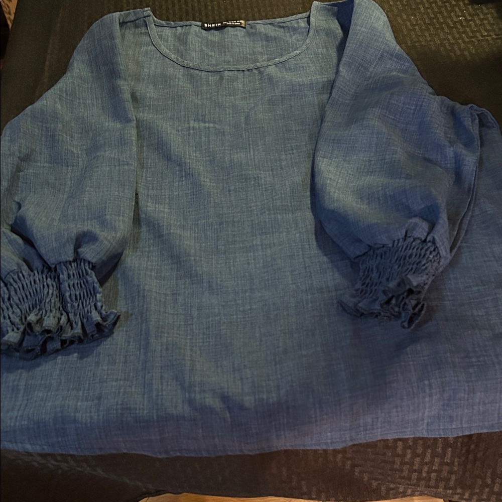 SHEIN Blue Blouse with Ruched Sleeves